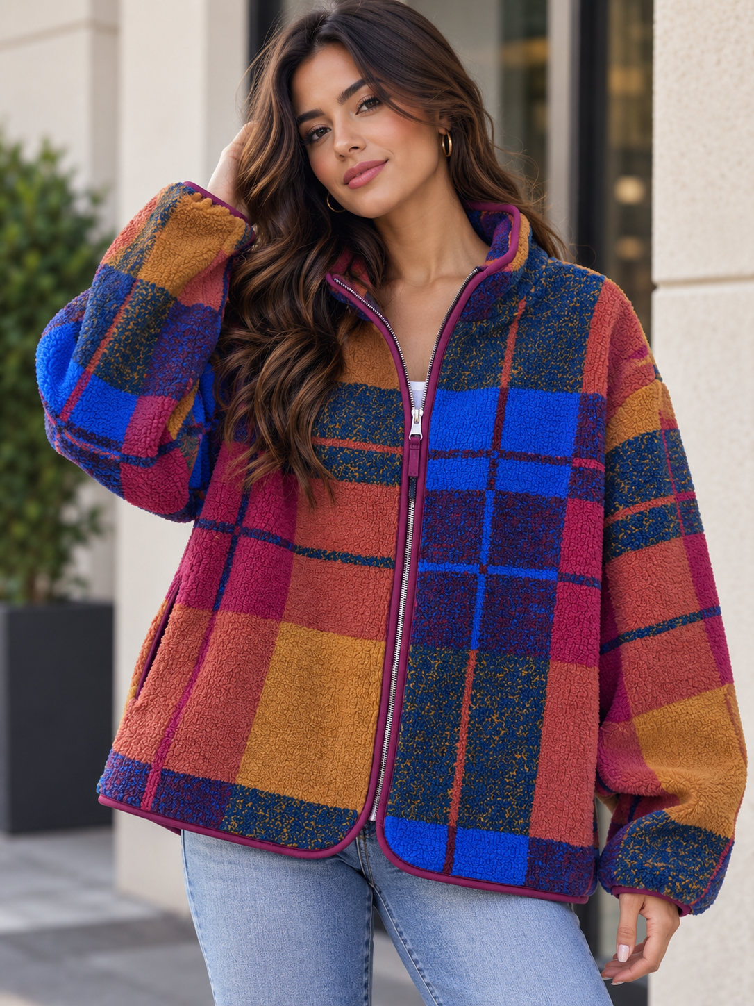 Multi-coloured Teddy Fleece jacket for Herbst and winter