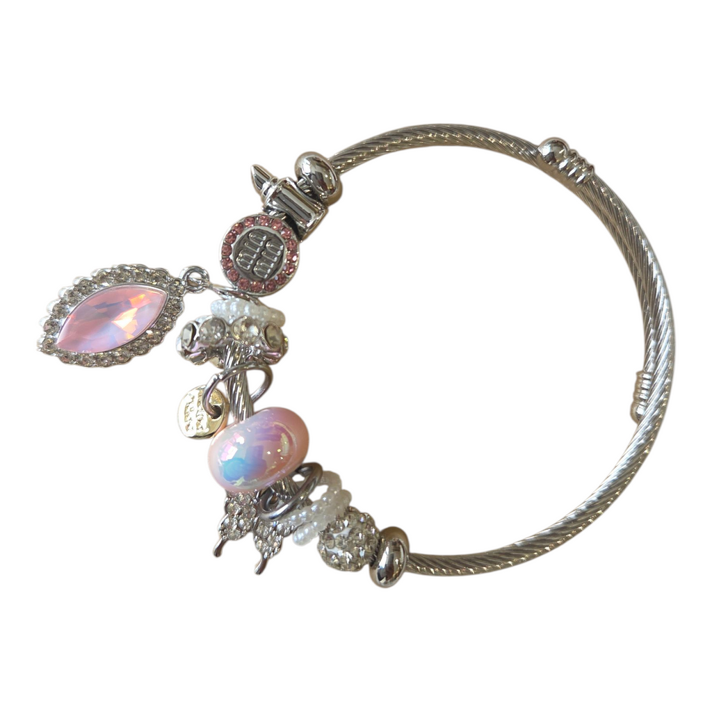 Charm Armbands Damenarmband aus Edelstahl – Gliederarmband mit Perlen und Kristall-Anhänger