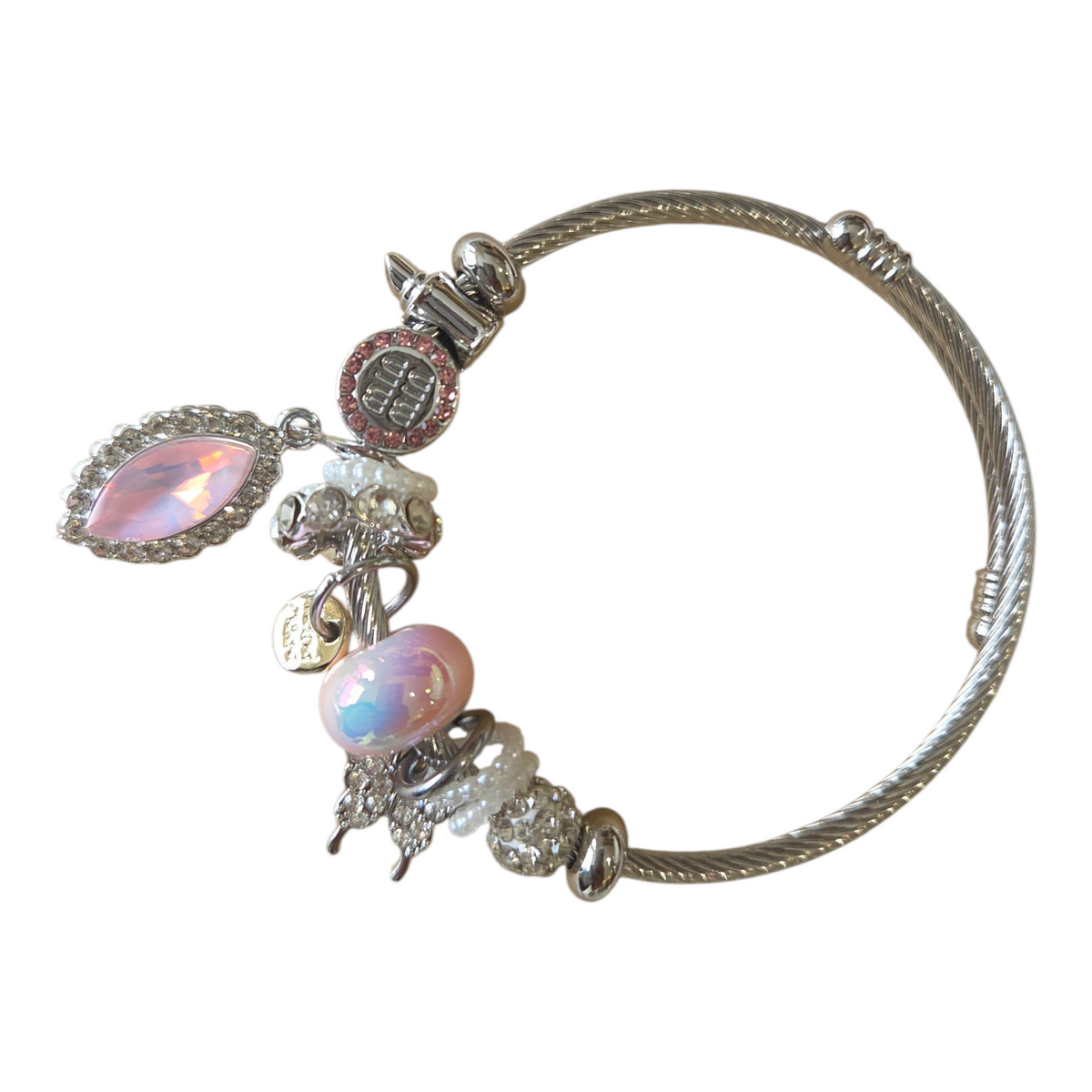 Charm Armbands Damenarmband aus Edelstahl – Gliederarmband mit Perlen und Kristall-Anhänger