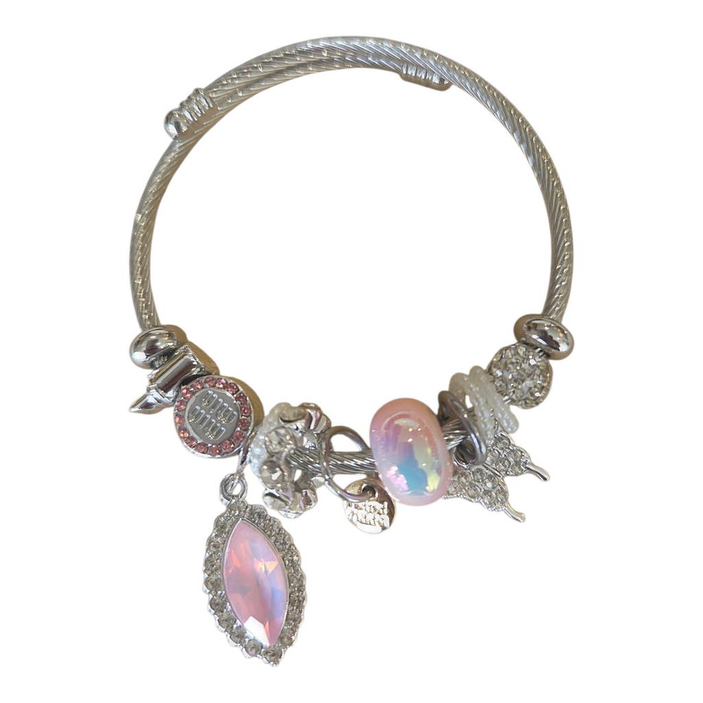 Charm Armbands Damenarmband aus Edelstahl – Gliederarmband mit Perlen und Kristall-Anhänger